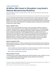 Major Investment in Long Island’s Defense Manufacturing Workforce