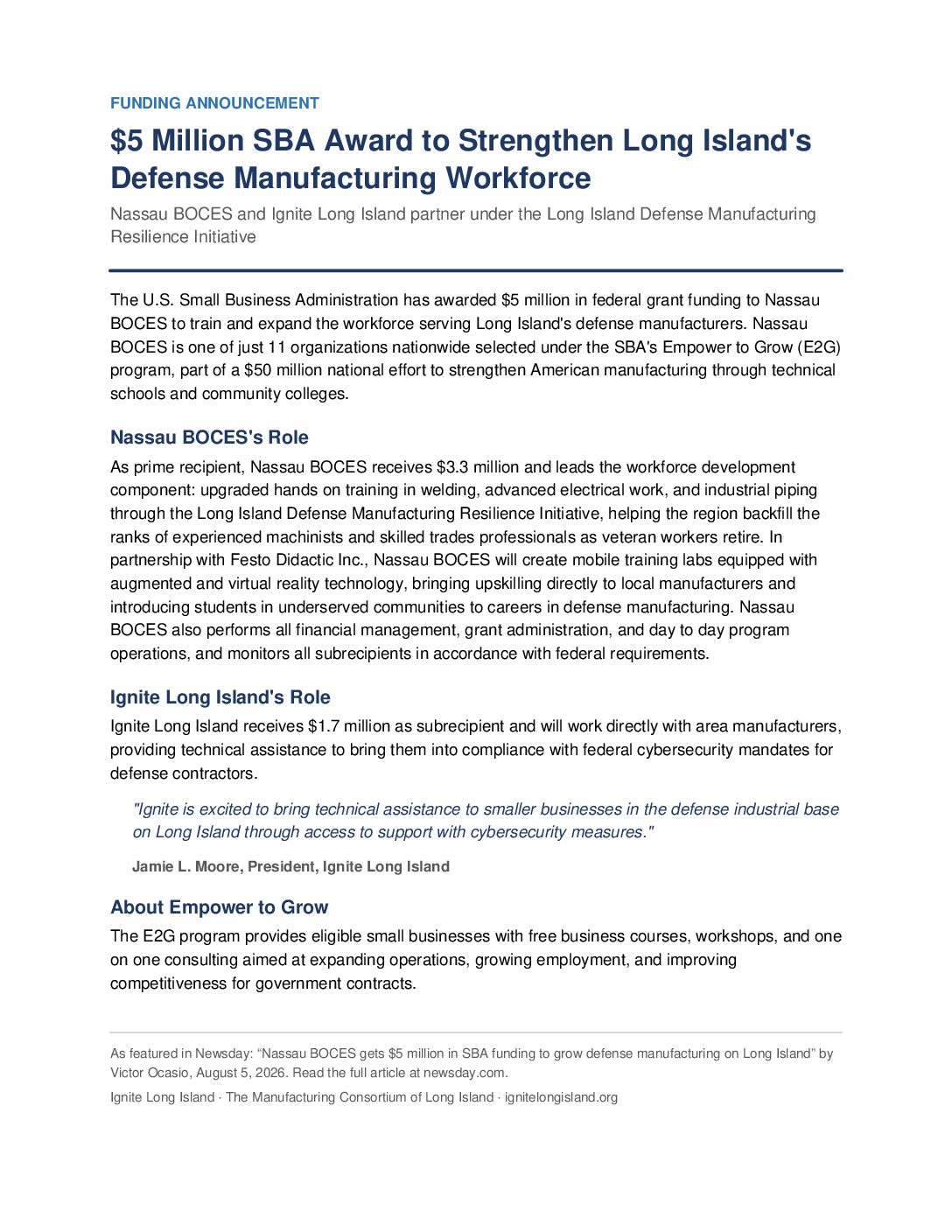 Major Investment in Long Island’s Defense Manufacturing Workforce